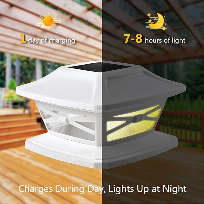 Davinci Lighting Flexfit Solar Outdoor Post Cap Lights - Includes Bases for 4x4 5x5 6x6 Wooden Posts - Bright LED Light - Pearl White (8 Pack)