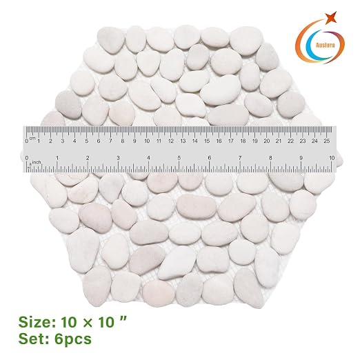 10in River Rock Stepping Stones Set - 6 Pack | Polished Pebble | Long-Lasting PVC Mesh Backing | Perfect for Garden Paths and Lawns Outdoor Landscaping Decoration | White Rhombus