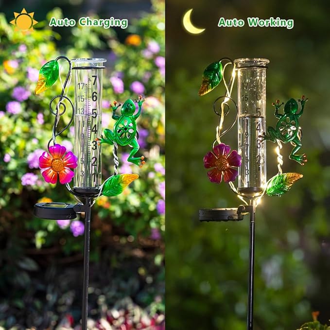 Solar Rain Gauge Outdoor - 7-Inch Glass Tube Frog Design Decorative Weather Gauge for Garden, Yard, Lawn, Patio