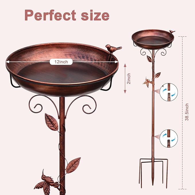 Bird Bath for Outside, 2 Bird Decor, Hummingbird on Pole & Sparrow on Bowl, 38.5 Inch Height Garden Birdbaths, 12 Inch Antique Bronze Freestanding Birdfeeder Bath for Yard Patio