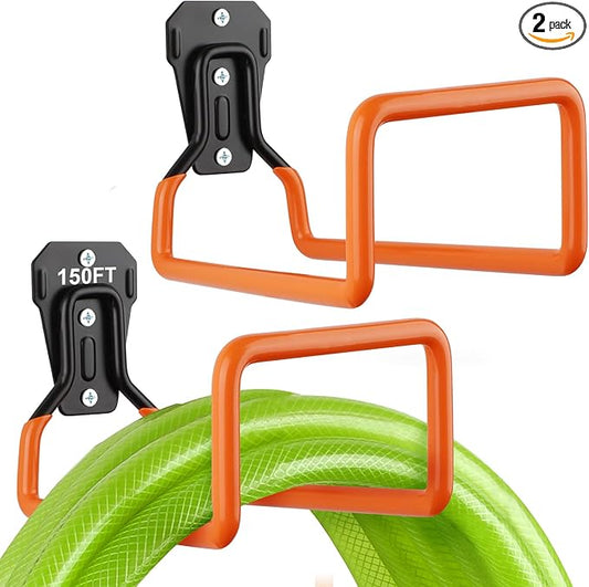 Hose Holder Stand Wall Mount, 2Pcs Heavy Duty Garden Hose Hanger Reel, Metal Water Pipe Tube Hooks Rack for Outside Yard, Garage, Storage Organizer - Orange