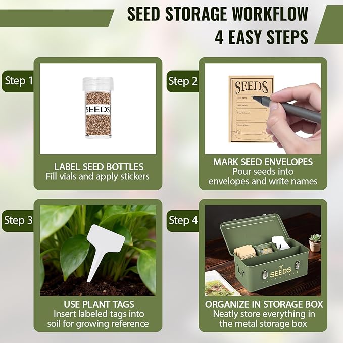 Metal Seed Storage Box with Safety Locks, Large 4-Compartment Seed Organizer Kit with 30 Envelopes, 30 Plant Labels & 5 Plastic Bottles1 Mark Pen, Lockable Seed Saving Bin for Gardeners