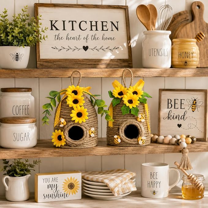 nuvagiki 2 Pack Bee Hive Decor, Farmhouse Bee Decorations with Sunflower, Rustic Bumble Bee Tiered Tray Decor for Kitchen Table, Spring Summer Home Decor