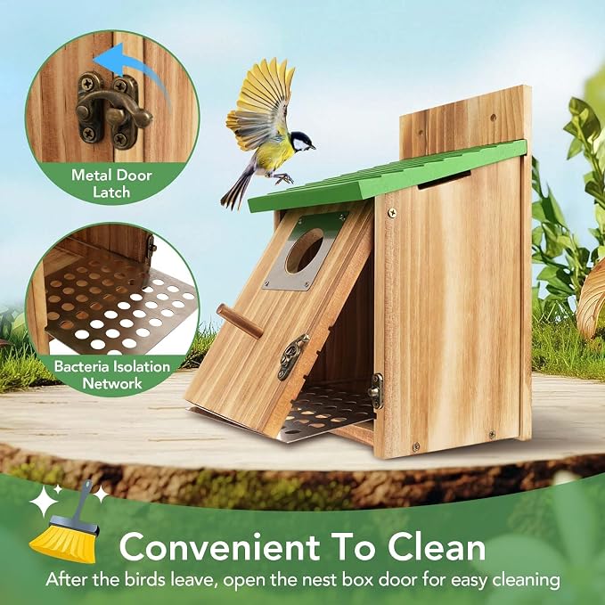 2 Pack Bird Houses for Outside - Cedar Bluebird Houses with Metal Predator Guard, Birdhouse for Wren Bluebirds Finches Swallows, Carbonized Wooden (Assembly Required)