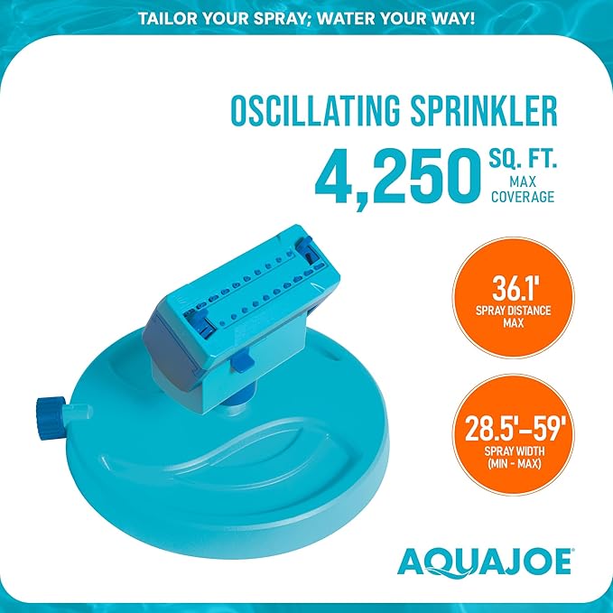 Aqua Joe AJ-OSPR20 Mini Oscillating Sprinkler on Sled Base – 20 Nozzles, 4 Spray Patterns, up to 4,250 sq. ft. Coverage