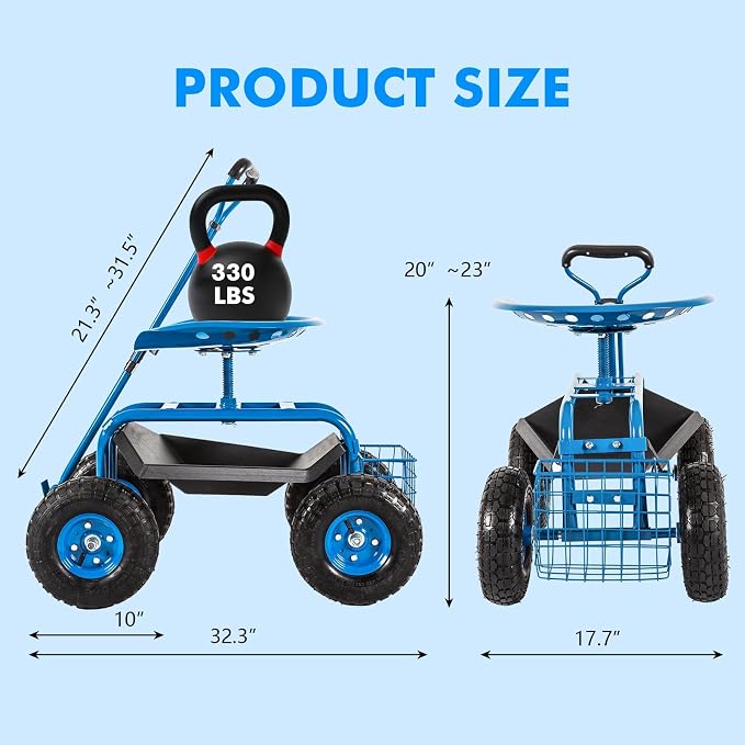 KINTNESS Garden Cart with Rolling Work Seat Tool Tray and Storage Basket on Wheels Heavy Duty Garden Scooter Gardening Planting (Blue)