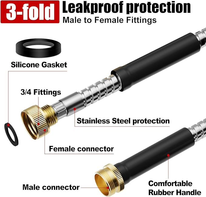 Beitopamz Garden Hose 75 ft, Stainless Steel Metal Water Hose with Nozzle, Flexible and Durable, Rust Proof, No-Kink, Heavy Duty, Leakproof 3/4'' Brass Fittings, Lightweight Hose for Patio, Lawn