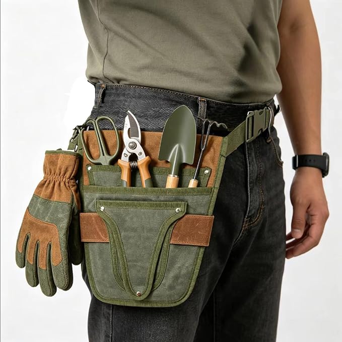 Gardening Tool Pouch for Waist, Hands-Free Canvas Tool Belt with 6 Pockets – Adjustable Waist Apron for Trowel, Pruner & Weeder (Gardening Tools NOT Included)-Green