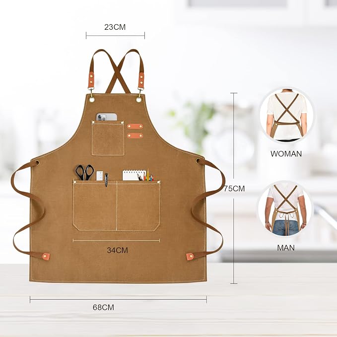 OUNLEN Chef Apron for Men Women Canvas Aprons with 3 Pockets Cross Back Resistant Work Apron for Cooking