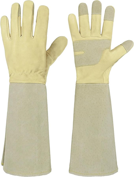 HANDLANDY Rose Pruning Gardening Gloves for Men Women, Thorn Proof Forearm Protection Leather Garden Gloves, Gardening Gifts for Gardeners (Vanilla, X-Large)