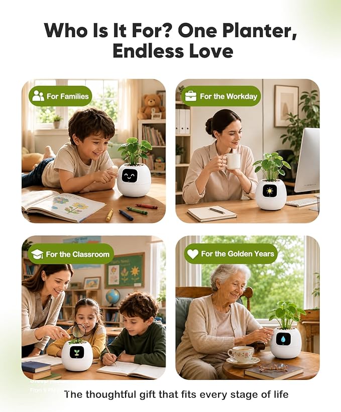 Smart Plant Pot with Emotion Display, Touchscreen & No App Needed, Auto Self-Watering with Alarm Clock & Plant Monitor, Unique Birthday Gift for Women, Plant Lovers & Housewarming