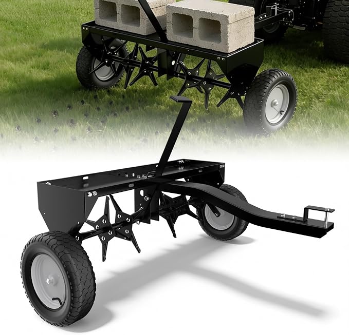 40" Tow Behind Aerator, Pull Behind Lawn Aerator Tool with Universal Hich, 24 Rust-Proof Knives & Heavy-Duty Tires, Plug Aerator for Yard & Garden Compacted Soil, Fits Lawn Tractors, ATV, UTV, Black