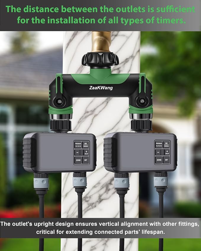 Garden Hose Splitter 2 Way, Heavy Duty Water Hose Spigot Bib Splitter, Outdoor Faucet Splitter with Shutoff Valve, T Adapter Connector with 3/4 - Inch GHT Thread (Green)