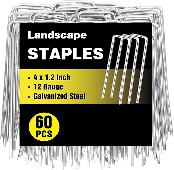 60 Pack 4 Inch Landscape Staples, Garden Staples 12 Gauge Galvanized Ground Stakes Lawn Yard Staples SOD U-Shaped Pins for Gardening Irrigation Tubing Landscaping Fabric