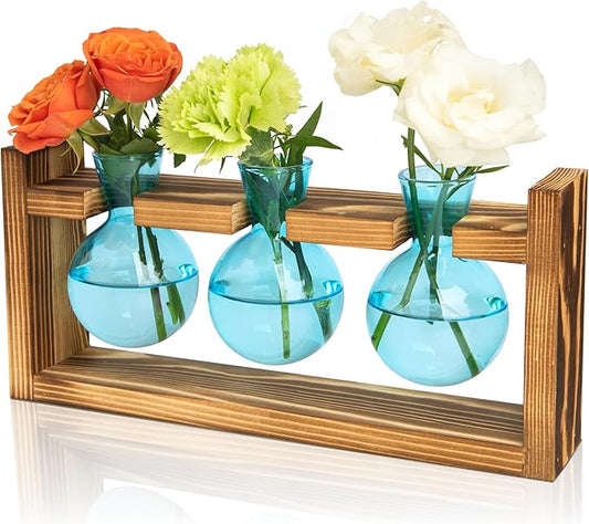 XXXFLOWER Glass Plant Terrarium Propagation Station, Gifts for Mom Plant Lovers Wife Daughter, 3 Bulb Glass Vase Plant Terrarium Tabletop for Hydroponics Home Office Indoor Decor (Blue)