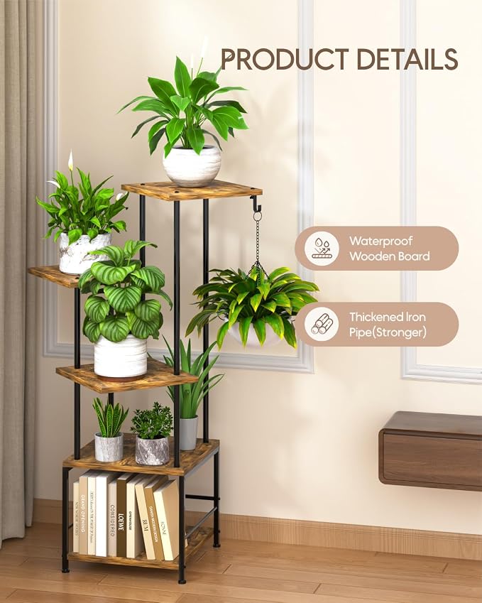 Homsorout Plant Stand Indoor - 5-Tier Metal Plant Shelf with Hanging Basket Hook, Corner Tall Flower Holder for Multiple Plants, Living Room Balcony Garden Patio, Rustic