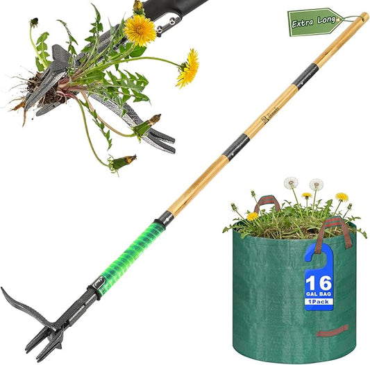 Weed Puller Tool, Heavy Duty Gardening Hand Tools with 4-Claw Steel Head & Dual-Eject Mechanism, 57.5" Bamboo Long Handle Stand Up Weeding Tool for Lawn Yard, Includes 16 Gallon Leaf Bag | 4-Claw Steel Head,Dual-Eject Mechanism,57.5" long handle
