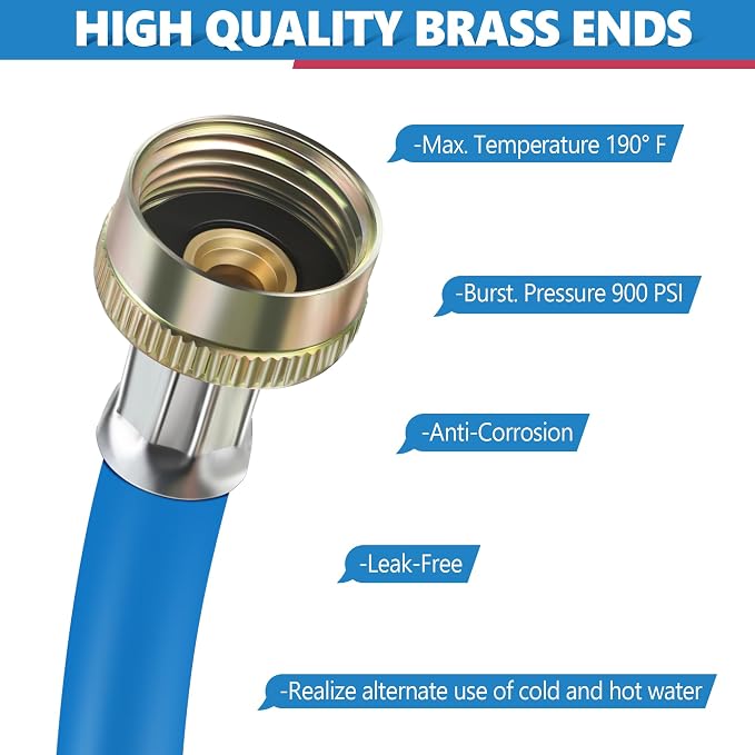 Dreyoo Rubber Washing Machine Y Hose, 3/4 Inch Brass Fittings, 1 ft (12 Inch) Hot and Cold Water Supply Y Mixer Hose Connector for Washing Machines Outdoor Garden Faucets(Red Blue, 2 Pcs)