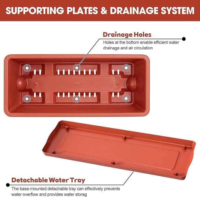 Rectangle Planters Box, 4 Pack Deck Hanging Planters for Railings, Window Box Planter with Drainage Holes & Trays, 16.9 Inch Balcony Planters Railing Hanging with Metal Brackets, Red