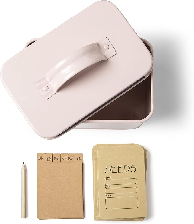 Katai Seed Storage Box – Durable Metal Seed Organizer Storage Box for Gardeners, Complete Seed Packet Storage Box with Lid, Monthly Dividers, 20 Envelopes & Pencil, Compact Seed Saver, Pink Flamingo