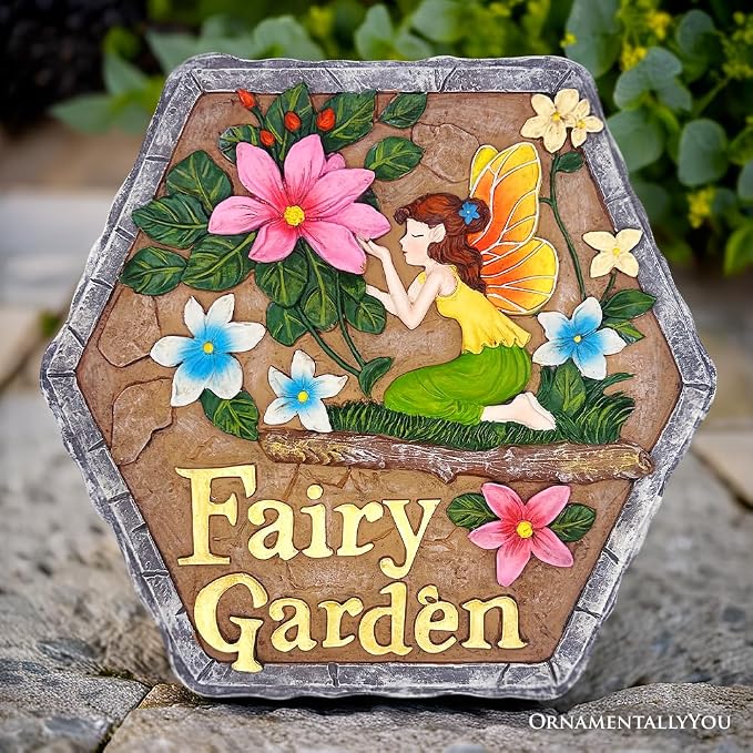 OrnamentallyYou Elegant Resin Stepping Stone, Outdoor Garden Pathway Decoration (Fairy Kisses and Flowers Garden Stepping Stone, 9.5" Outdoor Decoration Statue)