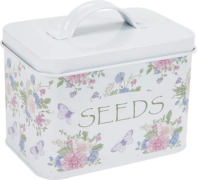 Katai – Seed Storage Box – Durable Metal Organizer for Gardeners with Lid, Monthly Dividers, 20 Envelopes & Pencil – Compact Floral Seed Packet Box