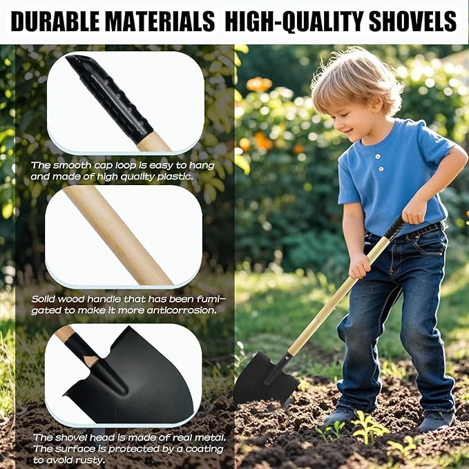 Kids Rake and Shovel Set, 4Pcs Garden Tools Metal Head with Wooden Handle, Great Gardening Gifts for Boys Girls Age 3 and Up