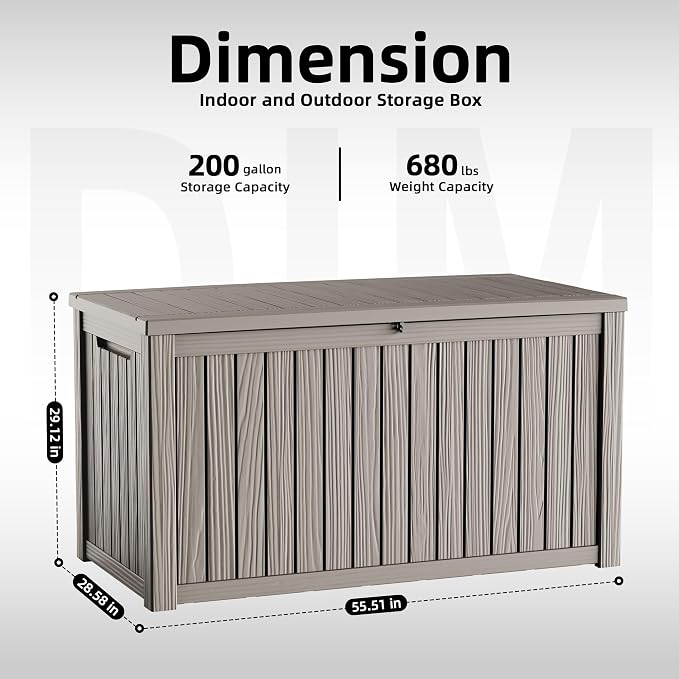 200 Gallon Outdoor Storage Box Waterproof, Resin Lockable Deck Box with Lid, Large Capacity Weatherproof Container for Patio Furniture Pool Accessories, Side Table(Grey, 200 Gallon)
