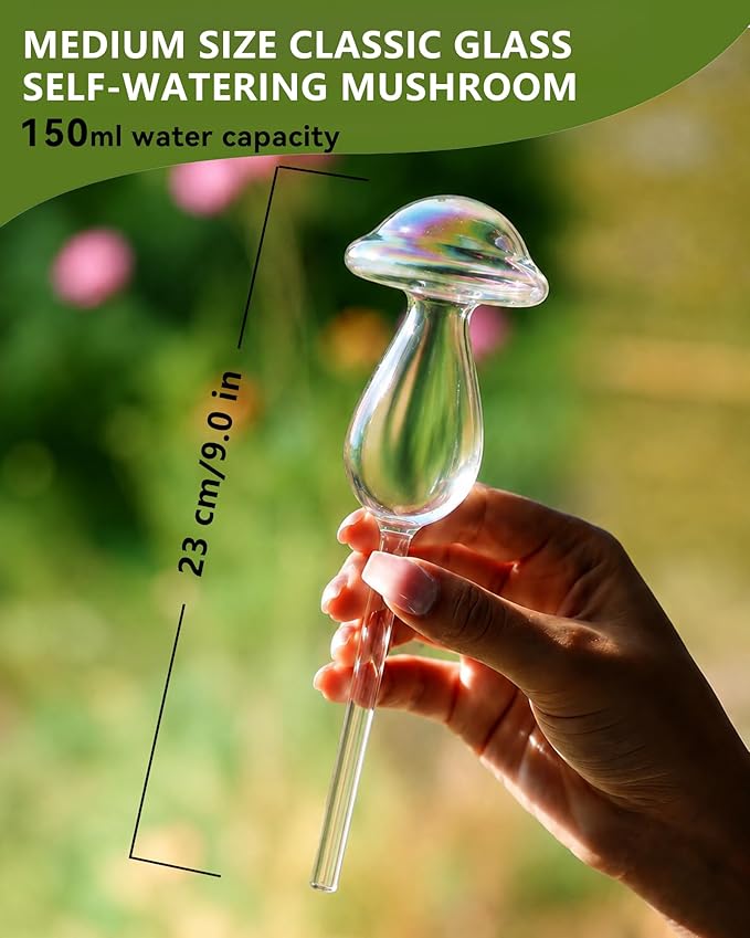 ZhenD Iridescent Self-Watering Plant Mushroom, Glass Self Watering Globe Planter Insert for Indoor and Outdoor, Automatic Plant Waterer, Hand-Blown Premium Glass – 2 Pack