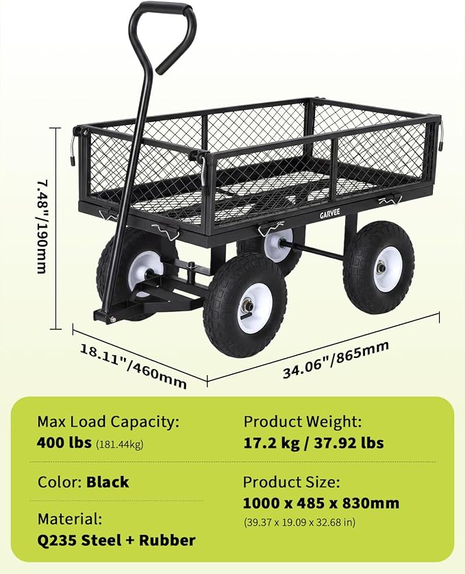 Garvee Versatile Outdoor Utility Cart-400LBS Heavy-Duty, 10" All-Terrain Pneumatic Tires, Easy Maneuverable Lawn Cart with Removable Mesh Panels for Gardening&Landscaping, Black, with Waterproof Liner