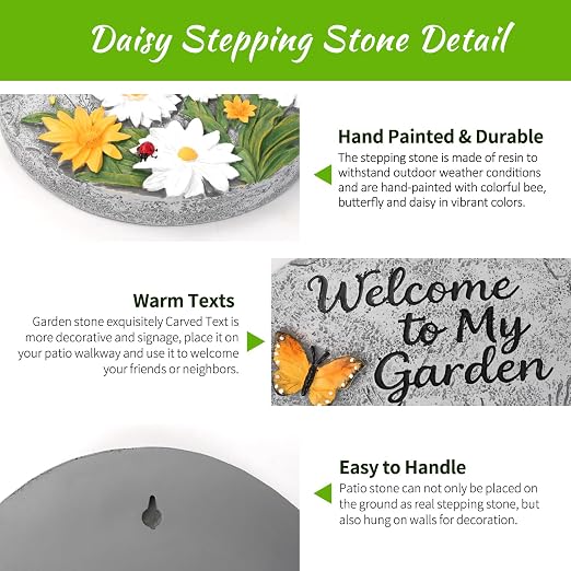 Resin Daisy Stepping Stone, Bees Butterfly Ladybug Welcome to My Garden Decorative Garden Step Stones for Yard, Patio or Walkway Wall Hanging Decor - Outdoor or Indoor Home Decoration