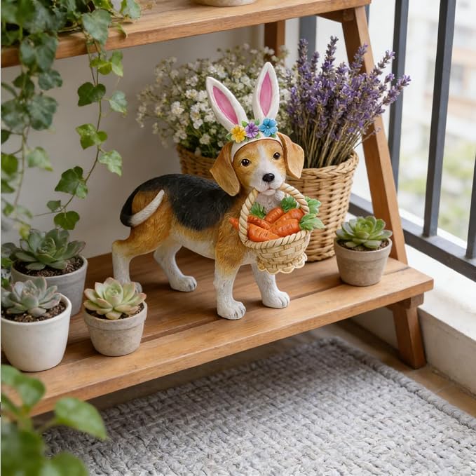 Cynkeyee Dog Garden Statue Decoration - Cute Puppy Beagle Statues with Bunny Ears Carrot Basket Figurines for Tabletop Self Floor Indoor Decor 11.5x4x10.5 inch