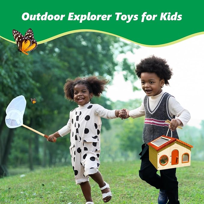 SimpliPlay Kids Explorer Kit & Bug Catcher for Kids, Outdoor Toys with Large Portable Wooden Bug Habitat, Butterfly Net, Magnifier, Observation Cup, 15 Insect Cards for Toddler 3-8 Year Old Boy Gift