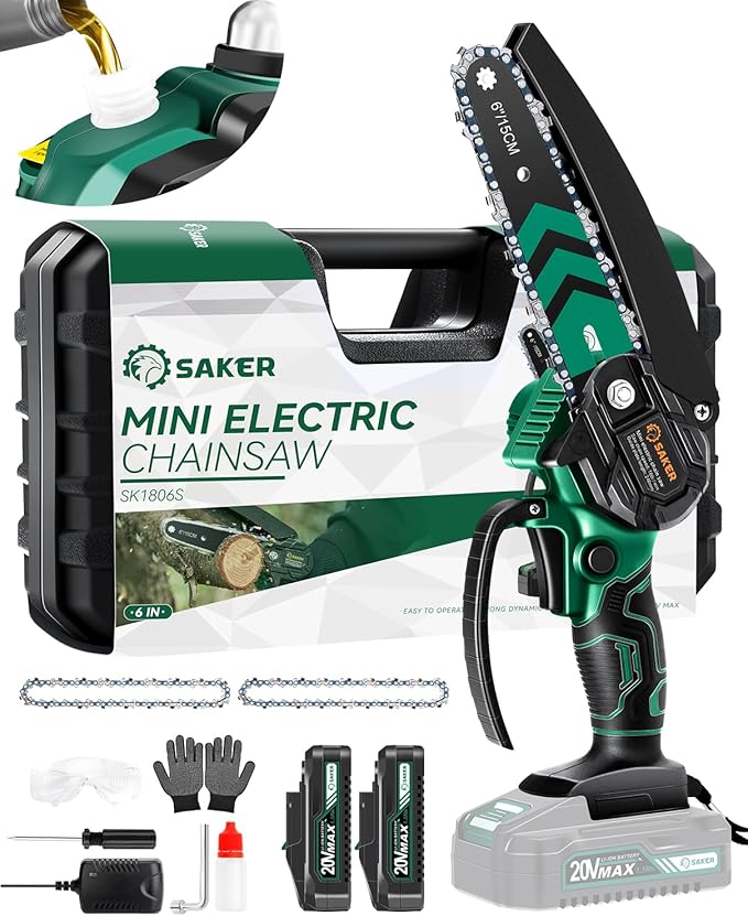Saker Mini Chainsaw with Auto Oiler|6 Inch Chainsaws[2026 Upgraded]|Mini Cordless Electric Chain Saw|Small Handheld Portable Chainsaw Battery Powered for Tree Trimmer and Garden 2 Batteries+3 Chains