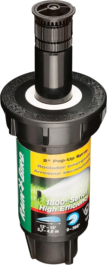 Rain Bird 1802HEVN15 High Efficiency Professional Pop-Up Sprinkler, Adjustable 0° - 360° Pattern, 8' - 15' Spray Distance, 2" Pop-up Height