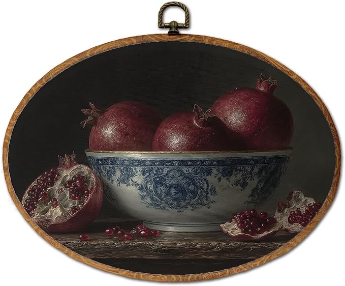 DOFQZ Vintage Moody Pomegranate Oval Wall Art Decor, Dark Cottagecore Fruit Red Garnet Framed Wall Art, Farmhouse Pomegranate Walls Hanging Decor for Kitchen Dining Room, 11.5x8.5 Inch
