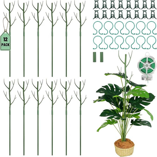12 Pack Monstera Plant Support Stakes, 27.5 Inch Natural Looking Detachable Plant Stakes for Climbing Plants, Includes 16 Orchid Clips & 12 Twist Ties & 65ft Garden Tie Outdoor Indoor