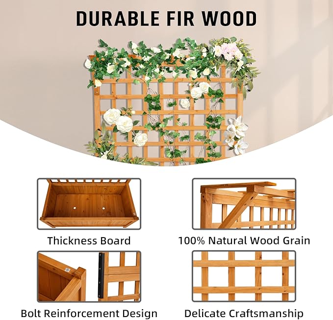 VINGLI Raised Garden Bed with Trellis, Natural Planter Box with Privacy Screen, 72 Inch Tall Wood Garden Boxfor Climbing Plants, Flowers, Herbs, Outdoor Balcony & Patio Decor (Natural)