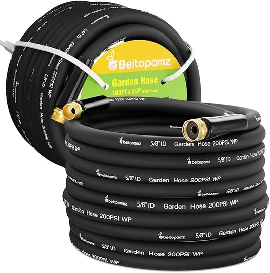 Beitopamz 200 ft Garden Hose, 5/8 in Heavy Duty Water Hose, Flexible and Durable, Lightweight Rubber Hybrid Hose, Leak-Free Connections, Male to Female 3/4'' Brass Fittings for Patio, Lawn, Black