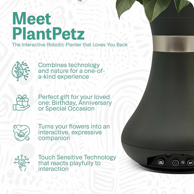 Interactive Robotic Charcoal Black Vase for Flower Bouquets | Bluetooth Capable, Touch Sensitive Floral Holder | Record a Message for Mother's Day, Birthdays, Anniversaries | 6x9 Inches