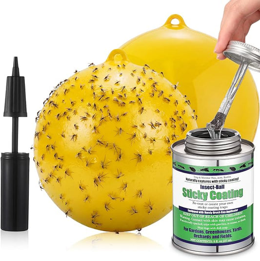 2 Pcs Large Fly Trap Balls Hanging Fruit Fly Traps Outdoor Adhesive Insect Balls with Sticky Coating Glue Air Pump Insect Catch Sticky Bug for Farm Orchard Hornet Deerflies Mosquito (Yellow)