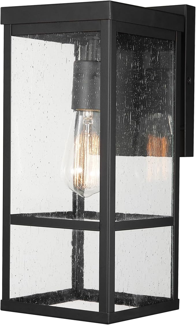 Globe Electric 44802 1-Light Outdoor Wall Sconce, Matte Black, Seeded Glass Shade, Weather Resistant Exterior Wall Light, Front or Back Porch Lights, Patio Lighting, Indoor Compatible