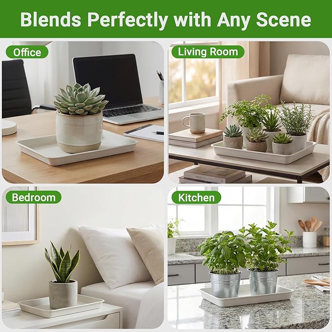 GREANER Rectangle Plant Tray 13 Inch, Beige Seed Starting Trays for Indoor Outdoor Plants, Plastic Plant Saucers for Garden, Windowsill, Greenhouse