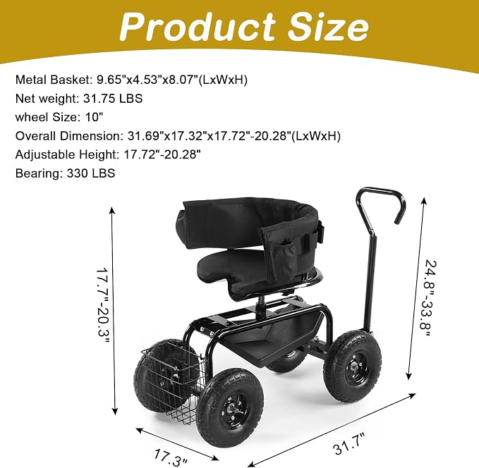 Black Garden Cart Garden Stool on Wheels - Rolling Gardening Seat, Swivel Seat, Rolling Garden Seat with Wheels, Outdoor Garden Cart, Gardening Stool Wagon Scooter, Lawn, Patio Gardening Workseat
