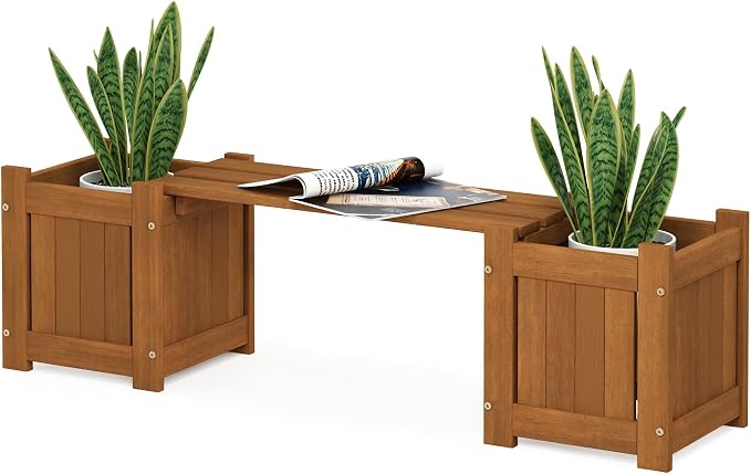 Furinno TIOMAN Mini Planter Box with Bench, Hardwood Flower Box with Seat, Cube Garden Box, in Teak Oil, Outdoor Indoor, Garden, Patio, Balcony, Light Wood