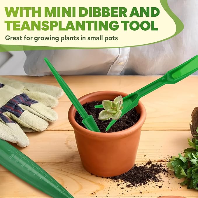 Seed Planter Tool, T-Handle Seed Dibber with Scale, Seed Dispenser with 5 Adjustable Holes, Seedling Transplanter, Mini Planting Dibber for Trays, Raised Bed, Balcony Garden (Dark Green 4PCS)