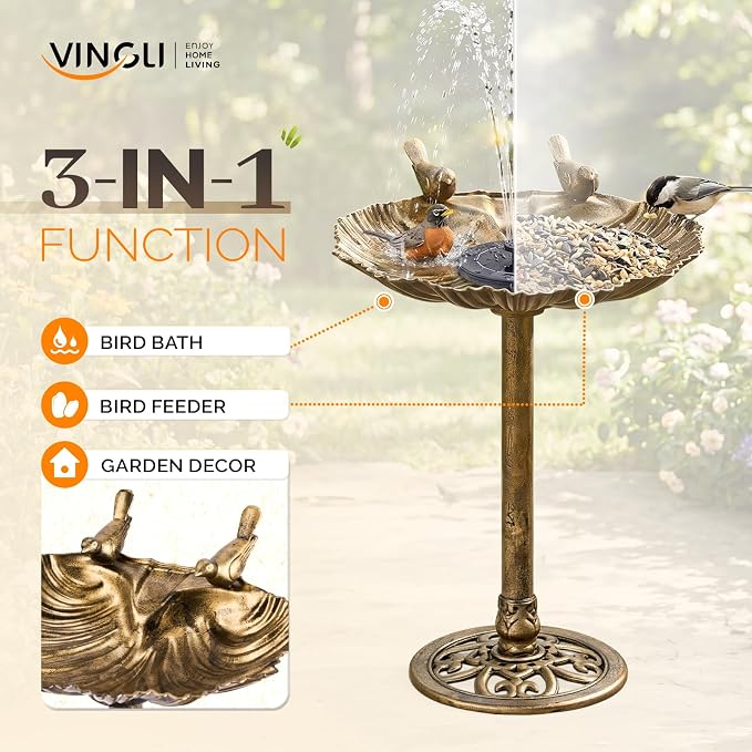 VINGLI Pedestal Bird Bath, Copper Resin Birdbaths Weather Resistant Floral Accents and Vintage Finish Garden Decor for Outdoor Lightweight Courtyard (Copper-Shell-Shaped with Solar Pump)