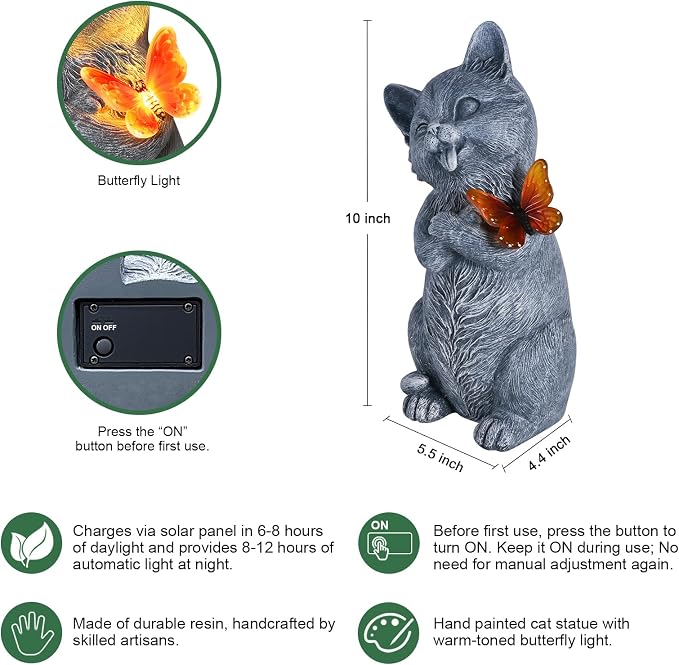 Solar Cat Garden Statue Outdoor Decor 10 Inch with LED Butterfly Light, Resin Cat Decor for Yard Patio Porch Lawn Balcony, Solar Garden Decor, Gifts for Mom Grandma Women