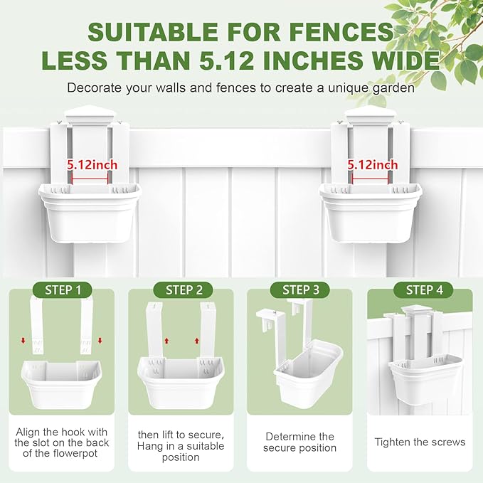 4 Pack Fence Post Planter for 5x5 PVC Fence Posts, 15.75 Inch Fence Hanging Planters for Outdoor Plants, Easy Install, White Flower Pots for Deck Railing Garden Yard Decor