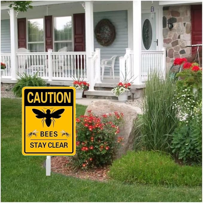 caution bees stay clear Yard Sign with Stakes(8 * 12in),Sturdy Aluminum Signs Rust Free,Honey Bee Decorations Hive Rules Signs,bee habitat signs